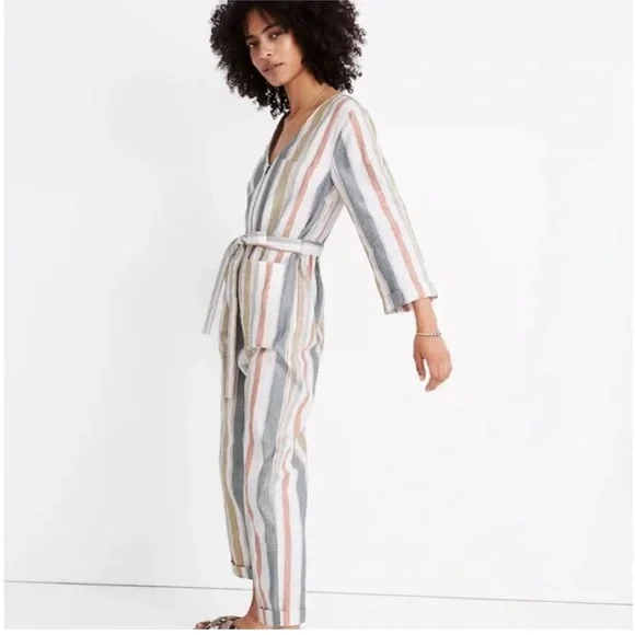 Madewell V-Neck Tie Waist Striped Jumper Size 0
White Blue Pink & Tan - Picture 1 of 9